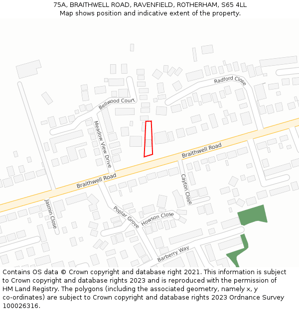 75A, BRAITHWELL ROAD, RAVENFIELD, ROTHERHAM, S65 4LL: Location map and indicative extent of plot