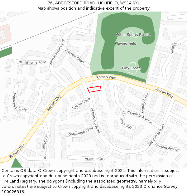 76, ABBOTSFORD ROAD, LICHFIELD, WS14 9XL: Location map and indicative extent of plot