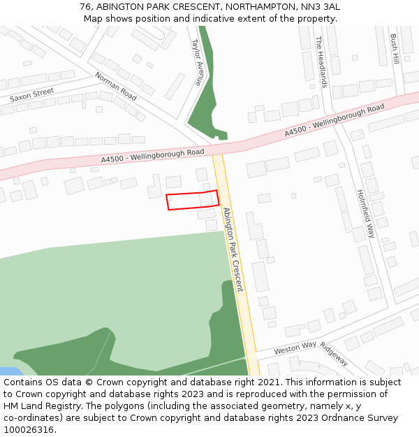 76, ABINGTON PARK CRESCENT, NORTHAMPTON, NN3 3AL: Location map and indicative extent of plot
