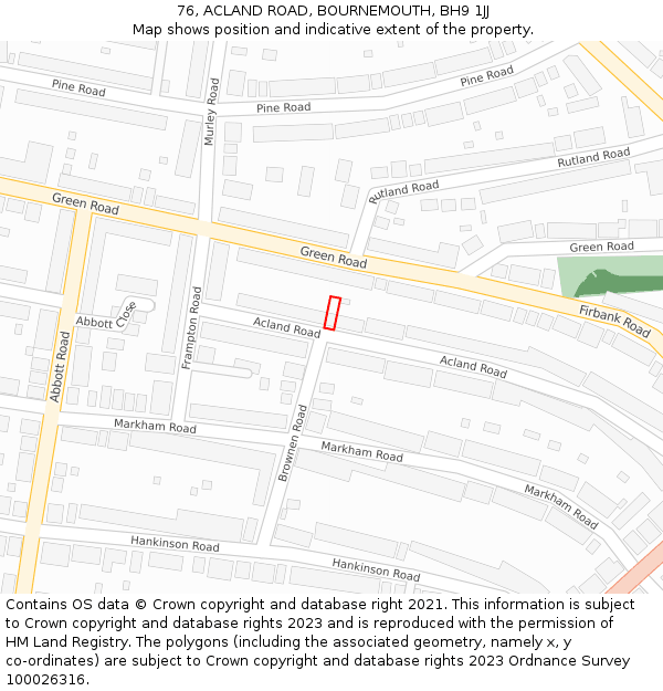 76, ACLAND ROAD, BOURNEMOUTH, BH9 1JJ: Location map and indicative extent of plot