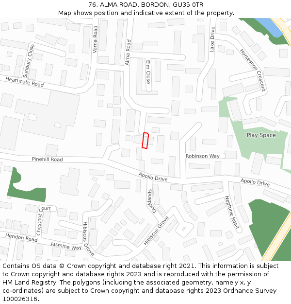 76, ALMA ROAD, BORDON, GU35 0TR: Location map and indicative extent of plot