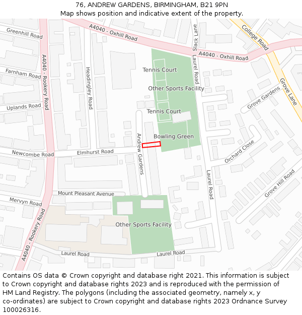 76, ANDREW GARDENS, BIRMINGHAM, B21 9PN: Location map and indicative extent of plot