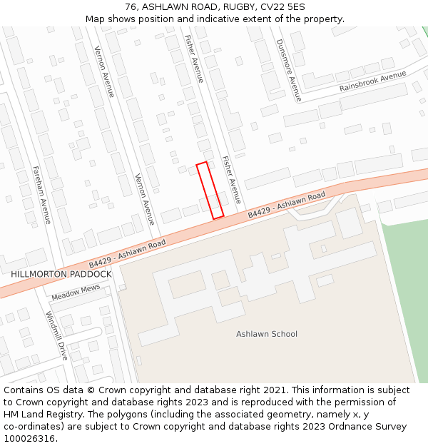 76, ASHLAWN ROAD, RUGBY, CV22 5ES: Location map and indicative extent of plot