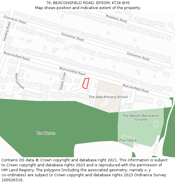 76, BEACONSFIELD ROAD, EPSOM, KT18 6HS: Location map and indicative extent of plot