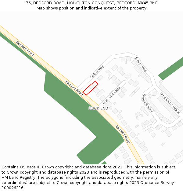 76, BEDFORD ROAD, HOUGHTON CONQUEST, BEDFORD, MK45 3NE: Location map and indicative extent of plot