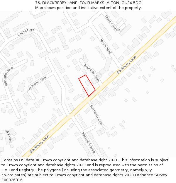 76, BLACKBERRY LANE, FOUR MARKS, ALTON, GU34 5DG: Location map and indicative extent of plot