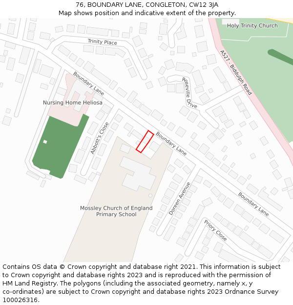 76, BOUNDARY LANE, CONGLETON, CW12 3JA: Location map and indicative extent of plot