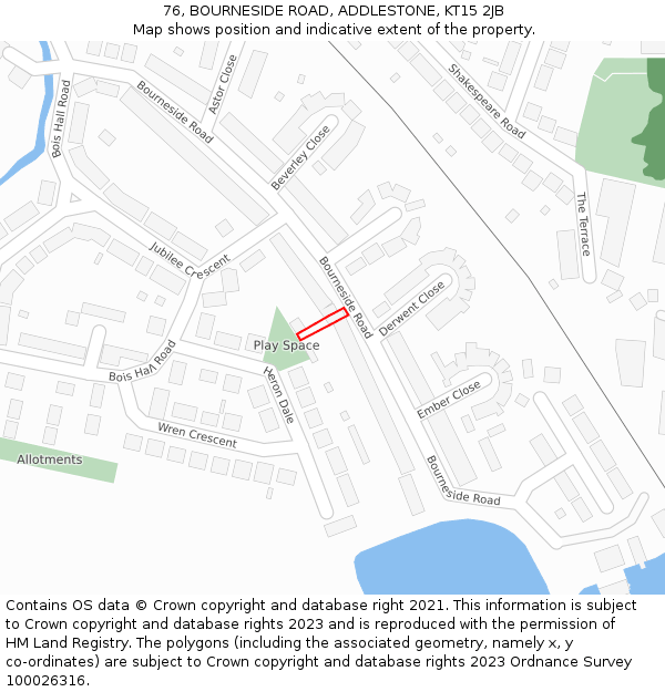 76, BOURNESIDE ROAD, ADDLESTONE, KT15 2JB: Location map and indicative extent of plot