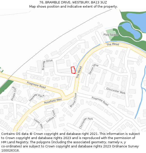 76, BRAMBLE DRIVE, WESTBURY, BA13 3UZ: Location map and indicative extent of plot
