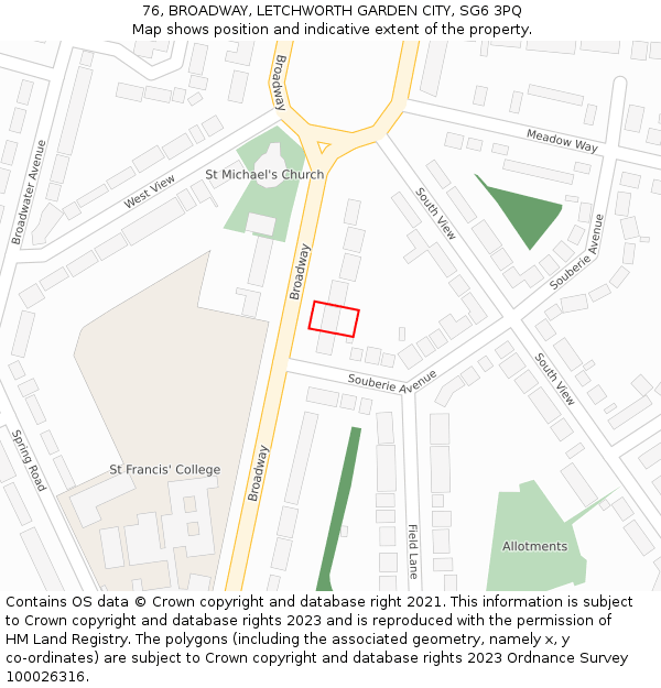 76, BROADWAY, LETCHWORTH GARDEN CITY, SG6 3PQ: Location map and indicative extent of plot