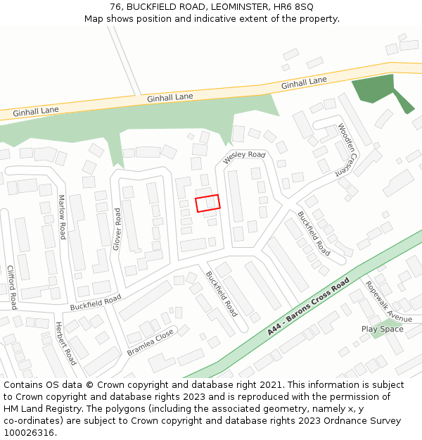 76, BUCKFIELD ROAD, LEOMINSTER, HR6 8SQ: Location map and indicative extent of plot
