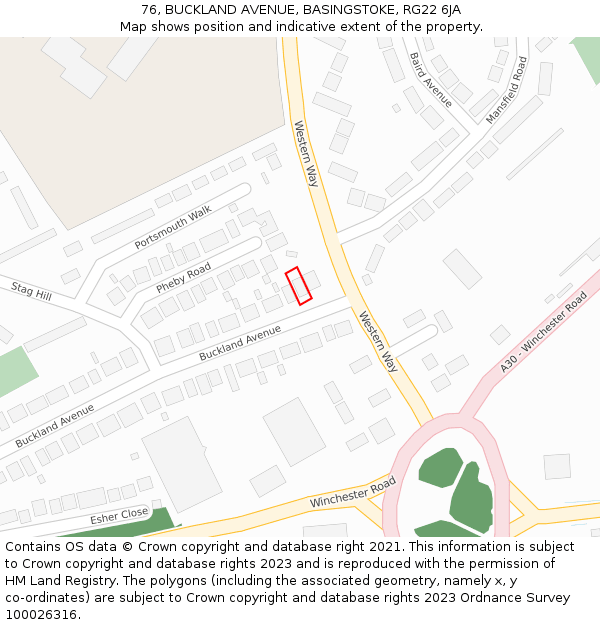 76, BUCKLAND AVENUE, BASINGSTOKE, RG22 6JA: Location map and indicative extent of plot