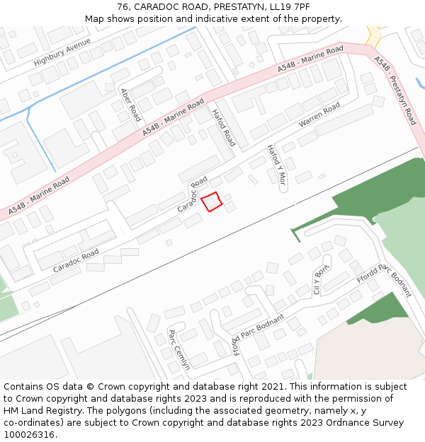 76, CARADOC ROAD, PRESTATYN, LL19 7PF: Location map and indicative extent of plot