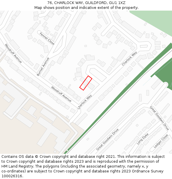 76, CHARLOCK WAY, GUILDFORD, GU1 1XZ: Location map and indicative extent of plot