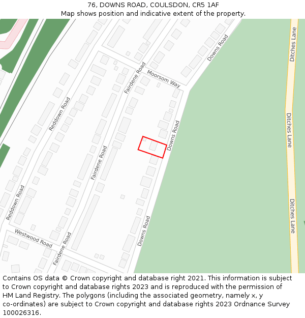 76, DOWNS ROAD, COULSDON, CR5 1AF: Location map and indicative extent of plot