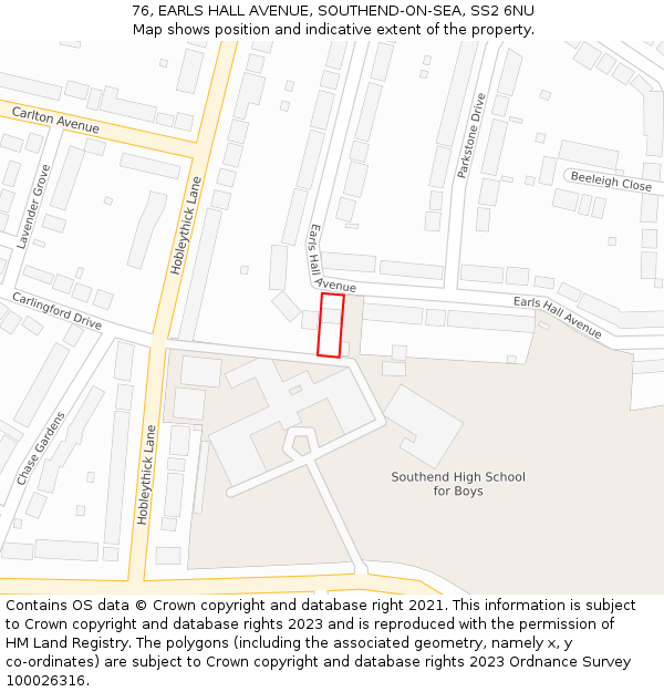 76, EARLS HALL AVENUE, SOUTHEND-ON-SEA, SS2 6NU: Location map and indicative extent of plot