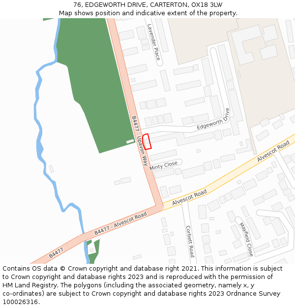 76, EDGEWORTH DRIVE, CARTERTON, OX18 3LW: Location map and indicative extent of plot