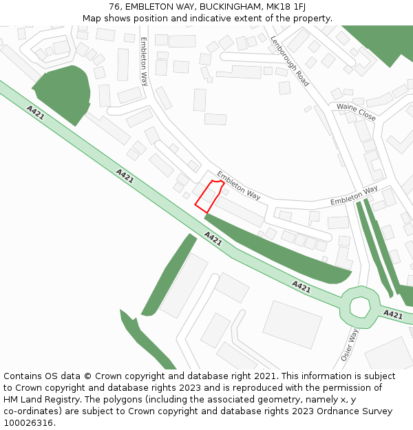 76, EMBLETON WAY, BUCKINGHAM, MK18 1FJ: Location map and indicative extent of plot