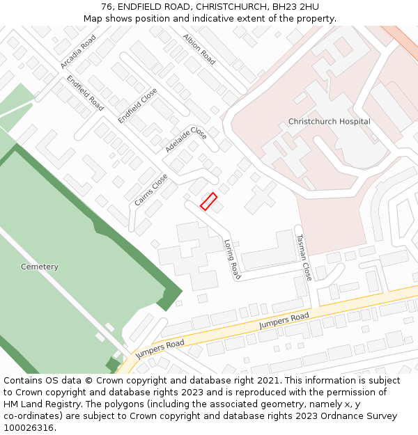 76, ENDFIELD ROAD, CHRISTCHURCH, BH23 2HU: Location map and indicative extent of plot