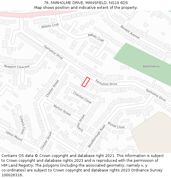 76, FAIRHOLME DRIVE, MANSFIELD, NG19 6DS: Location map and indicative extent of plot