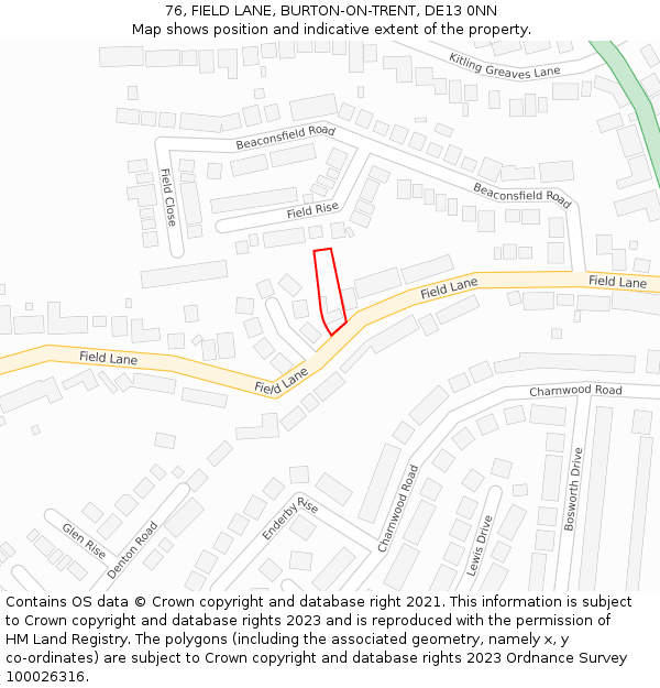 76, FIELD LANE, BURTON-ON-TRENT, DE13 0NN: Location map and indicative extent of plot