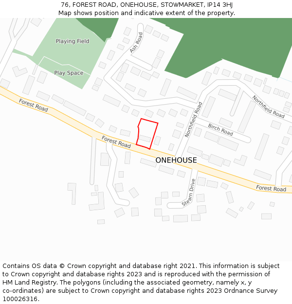 76, FOREST ROAD, ONEHOUSE, STOWMARKET, IP14 3HJ: Location map and indicative extent of plot