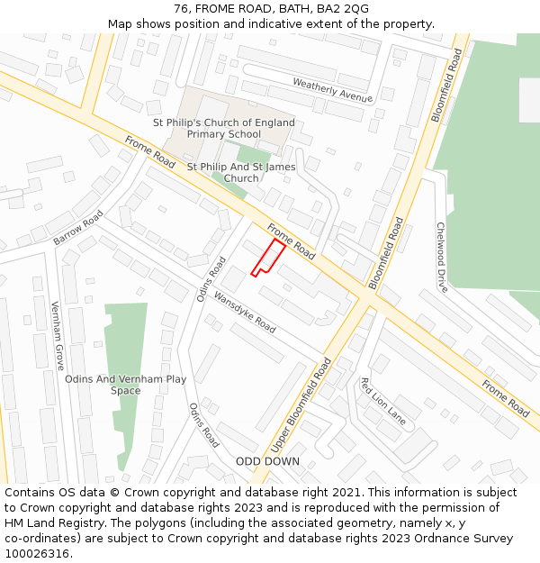 76, FROME ROAD, BATH, BA2 2QG: Location map and indicative extent of plot