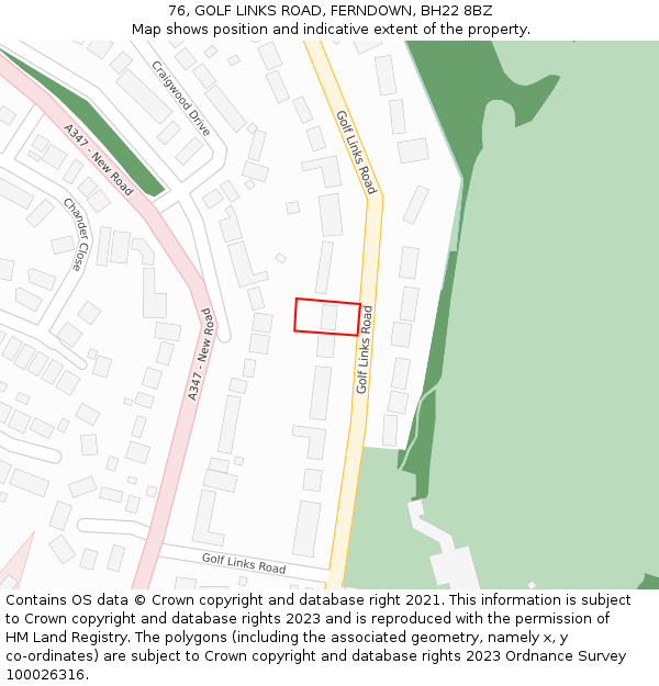 76, GOLF LINKS ROAD, FERNDOWN, BH22 8BZ: Location map and indicative extent of plot