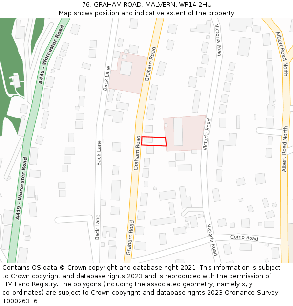 76, GRAHAM ROAD, MALVERN, WR14 2HU: Location map and indicative extent of plot