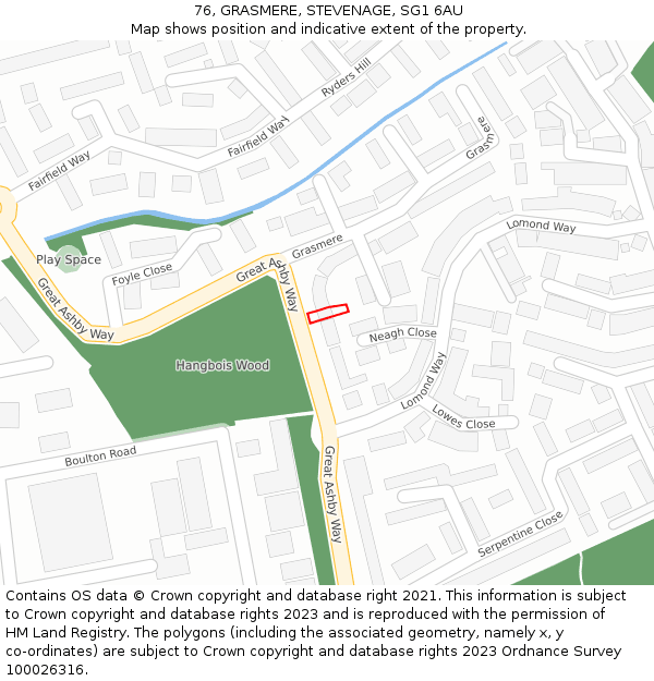 76, GRASMERE, STEVENAGE, SG1 6AU: Location map and indicative extent of plot