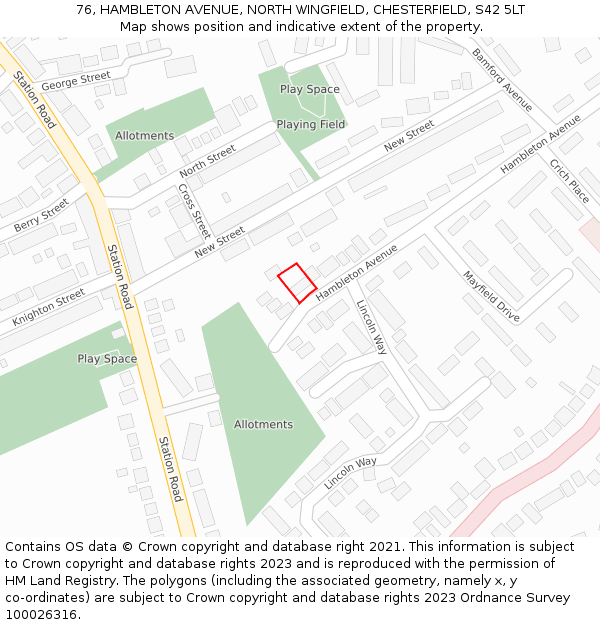 76, HAMBLETON AVENUE, NORTH WINGFIELD, CHESTERFIELD, S42 5LT: Location map and indicative extent of plot