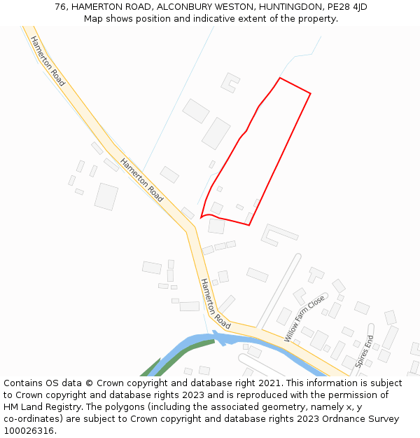 76, HAMERTON ROAD, ALCONBURY WESTON, HUNTINGDON, PE28 4JD: Location map and indicative extent of plot