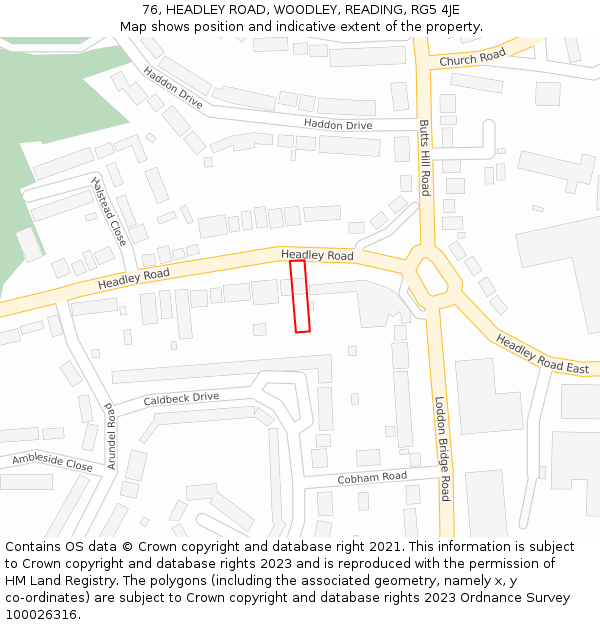 76, HEADLEY ROAD, WOODLEY, READING, RG5 4JE: Location map and indicative extent of plot