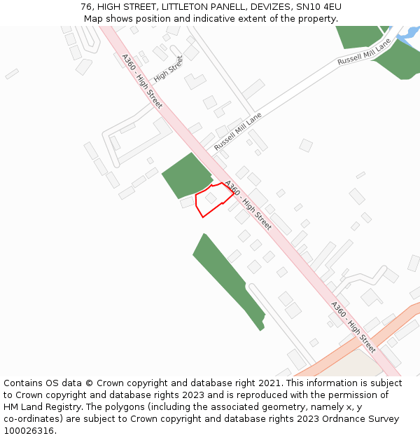 76, HIGH STREET, LITTLETON PANELL, DEVIZES, SN10 4EU: Location map and indicative extent of plot