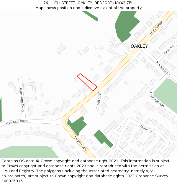 76, HIGH STREET, OAKLEY, BEDFORD, MK43 7RH: Location map and indicative extent of plot