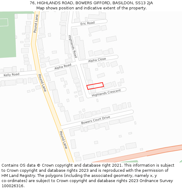 76, HIGHLANDS ROAD, BOWERS GIFFORD, BASILDON, SS13 2JA: Location map and indicative extent of plot