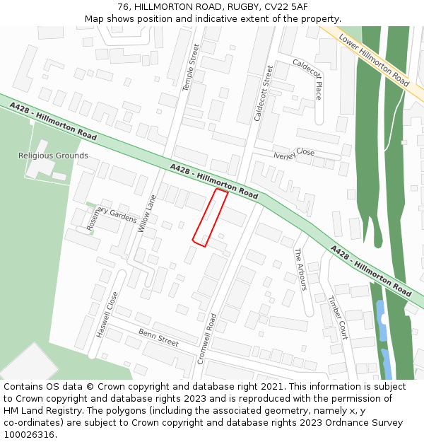 76, HILLMORTON ROAD, RUGBY, CV22 5AF: Location map and indicative extent of plot