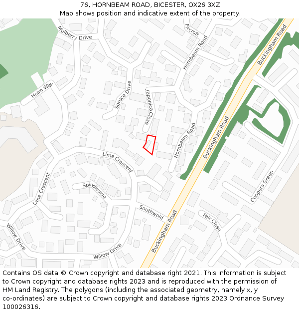 76, HORNBEAM ROAD, BICESTER, OX26 3XZ: Location map and indicative extent of plot