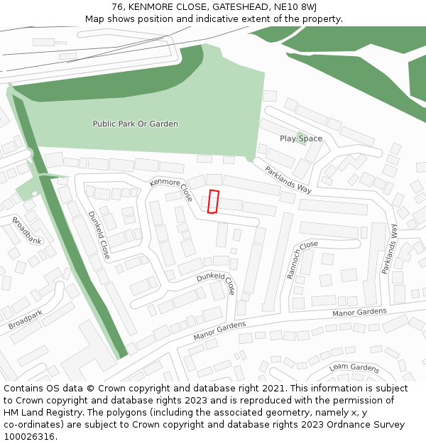 76, KENMORE CLOSE, GATESHEAD, NE10 8WJ: Location map and indicative extent of plot