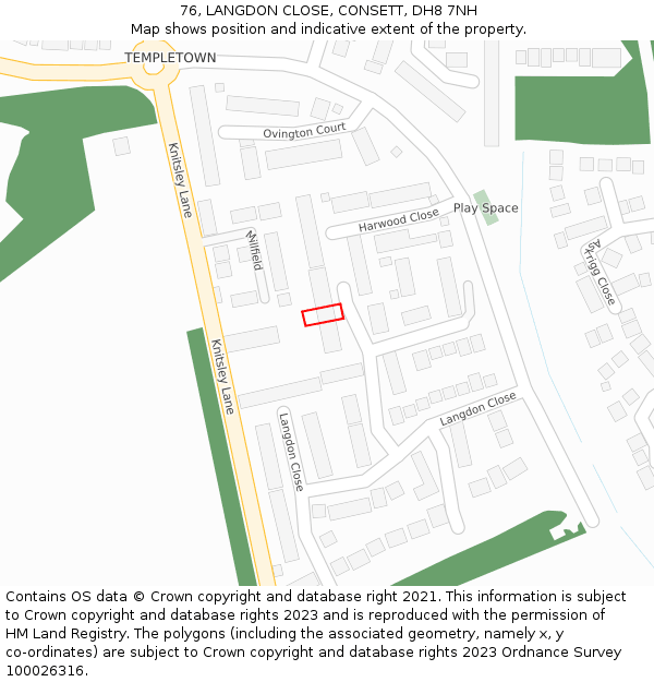 76, LANGDON CLOSE, CONSETT, DH8 7NH: Location map and indicative extent of plot