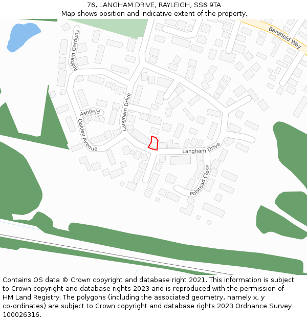 76, LANGHAM DRIVE, RAYLEIGH, SS6 9TA: Location map and indicative extent of plot