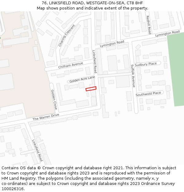 76, LINKSFIELD ROAD, WESTGATE-ON-SEA, CT8 8HF: Location map and indicative extent of plot