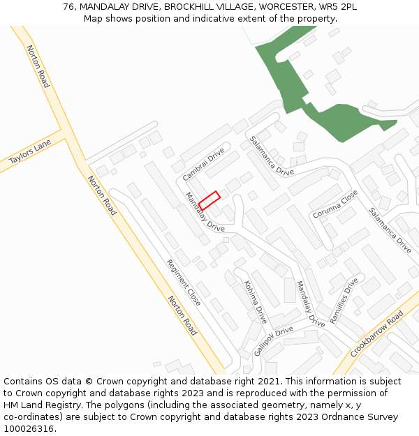 76, MANDALAY DRIVE, BROCKHILL VILLAGE, WORCESTER, WR5 2PL: Location map and indicative extent of plot