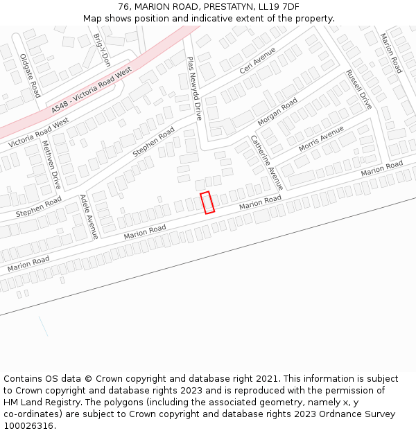 76, MARION ROAD, PRESTATYN, LL19 7DF: Location map and indicative extent of plot