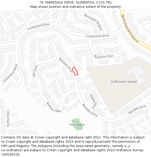 76, MARSDALE DRIVE, NUNEATON, CV10 7RU: Location map and indicative extent of plot