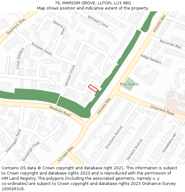 76, MARSOM GROVE, LUTON, LU3 4BQ: Location map and indicative extent of plot