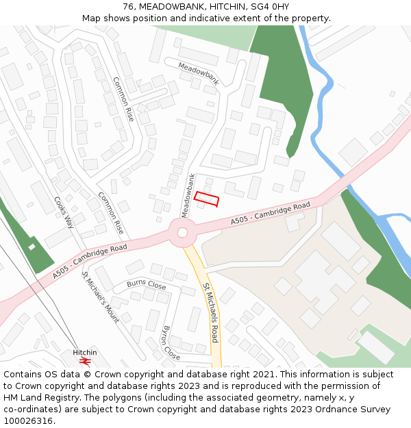 76, MEADOWBANK, HITCHIN, SG4 0HY: Location map and indicative extent of plot