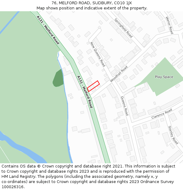 76, MELFORD ROAD, SUDBURY, CO10 1JX: Location map and indicative extent of plot