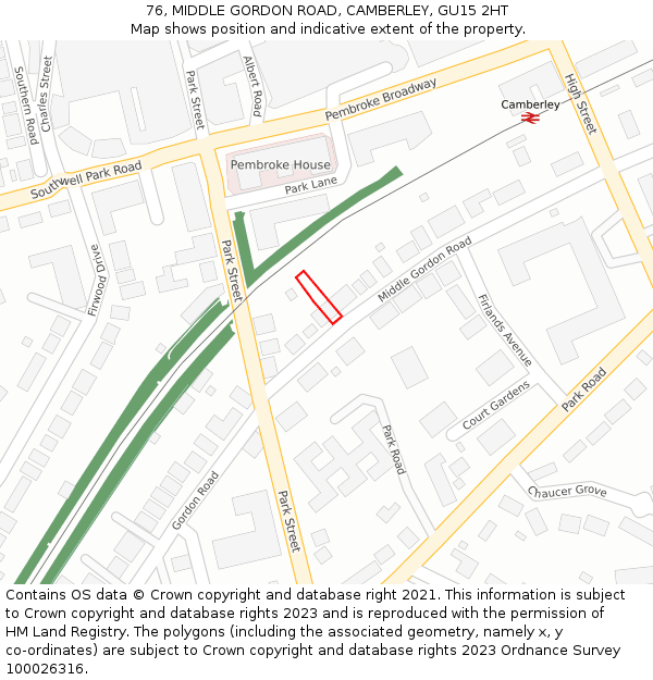 76, MIDDLE GORDON ROAD, CAMBERLEY, GU15 2HT: Location map and indicative extent of plot