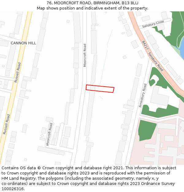 76, MOORCROFT ROAD, BIRMINGHAM, B13 8LU: Location map and indicative extent of plot